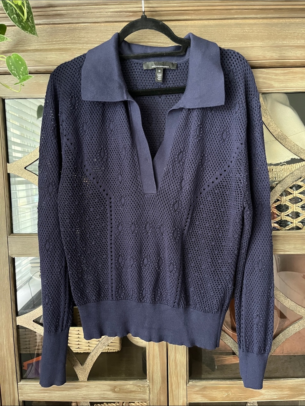 White House Black Market Navy Open-Knit V-Neck Polo Sweater